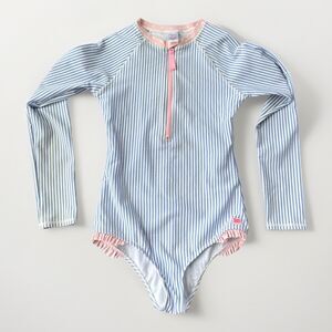 Rufflebutts Girls Seersucker Swimsuit Size 14 Striped Long Sleeve Zip One Piece